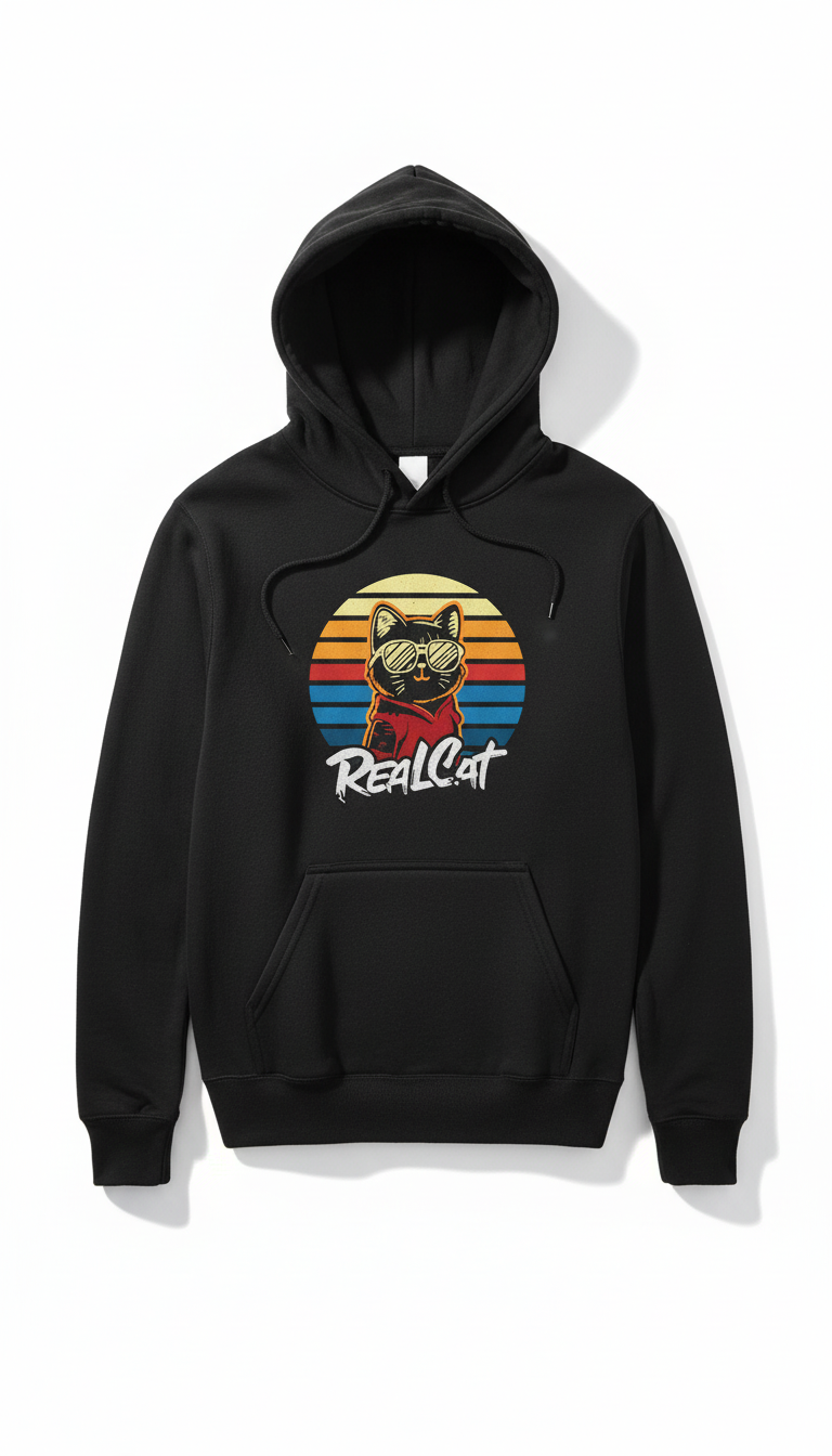 Real Cat Black Hoodie with Original Design